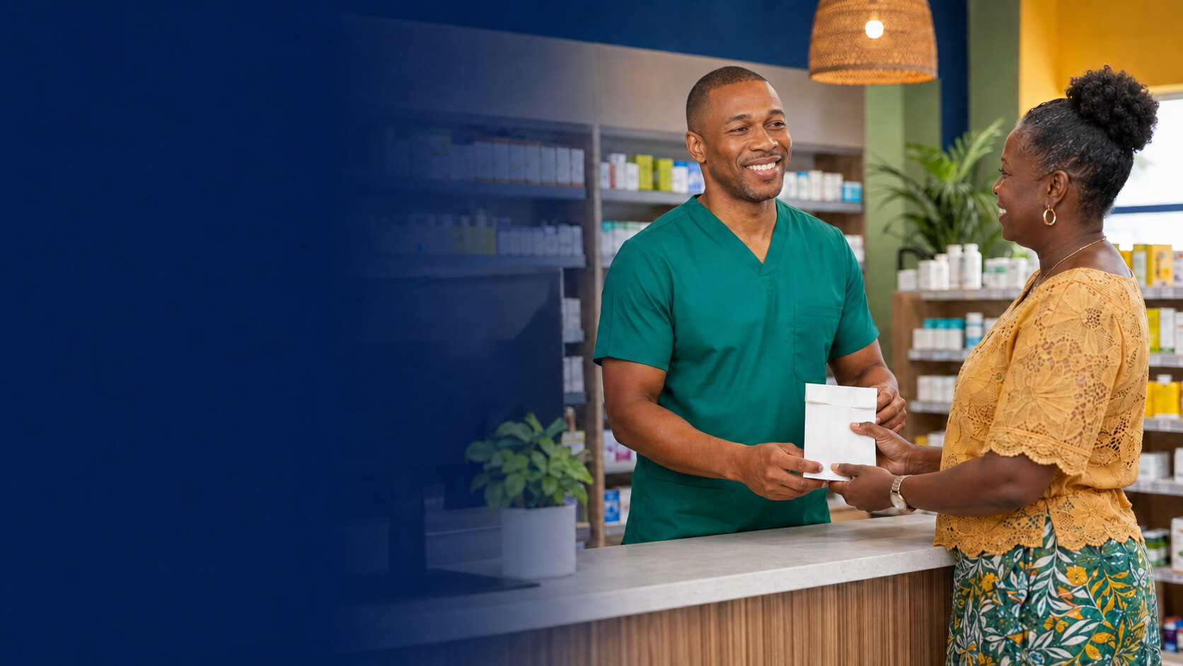 Avis Pharmacy pharmacist helping a customer in a Barbadian pharmacy